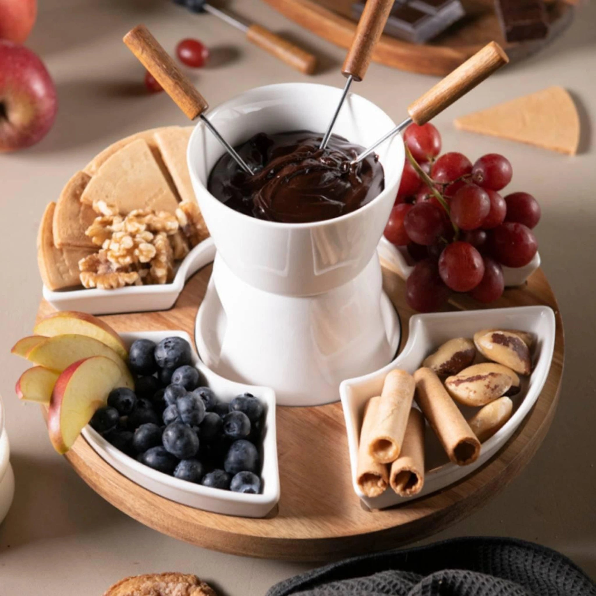 Fondue Giratória em Porcelana e Madeira de Acácia