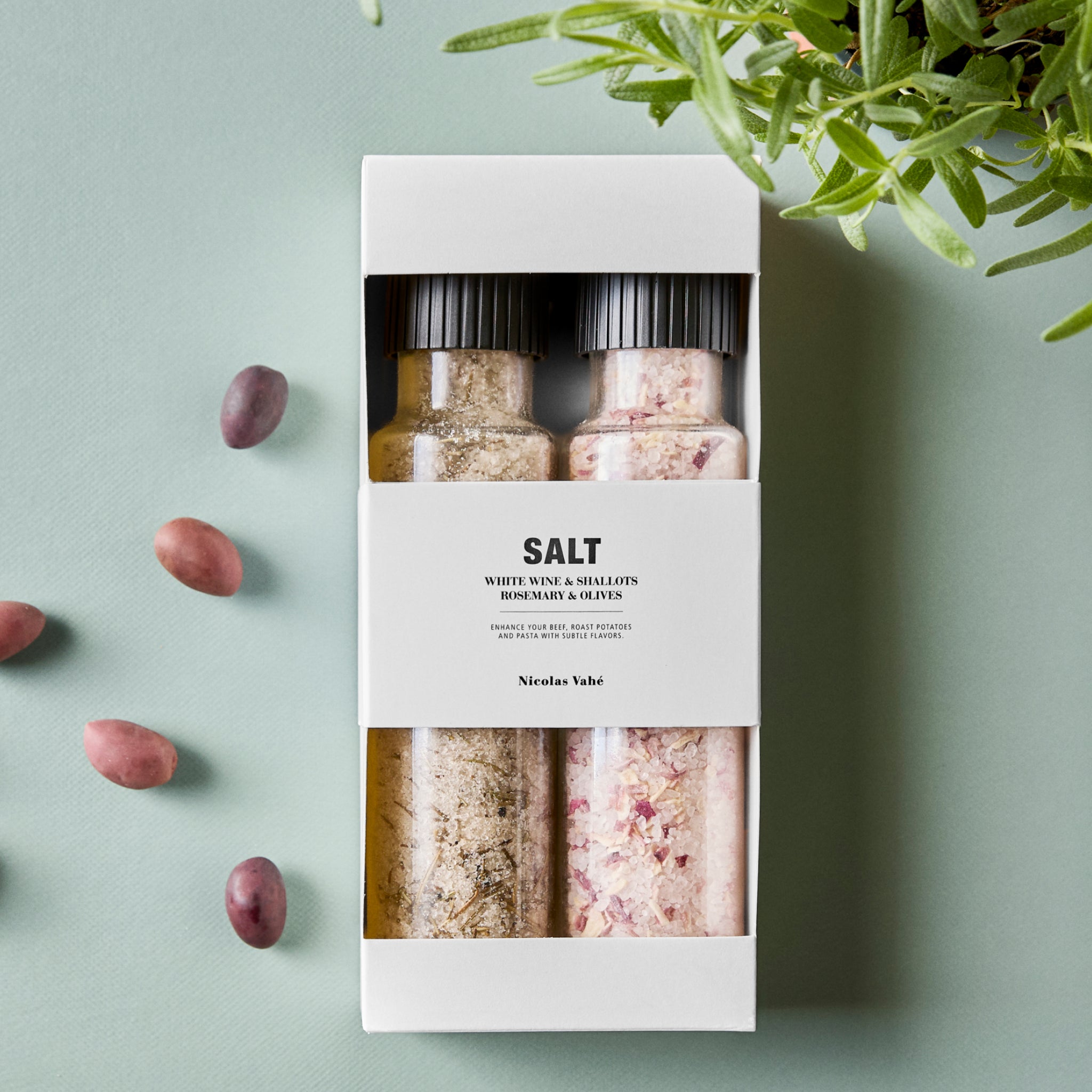 Conjunto de Sal com Vinho Branco e Chalotas e Sal com Alecrim e Azeitonas Pretas | 620 g